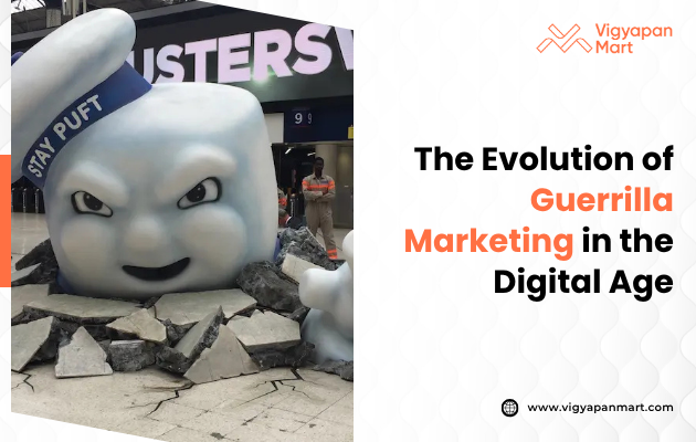 A dynamic digital collage illustrating the evolution of guerrilla marketing, featuring elements like augmented reality (AR) experiences, social media interactions, and interactive installations, with the title ‘The Evolution of Guerrilla Marketing in the Digital Age’ prominently displayed.