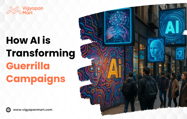 A dynamic visual representation of AI-enhanced guerrilla marketing, featuring elements like interactive digital installations, AI-generated content, and real-time audience engagement, with the title ‘How AI is Transforming Guerrilla Campaigns’ prominently displayed.