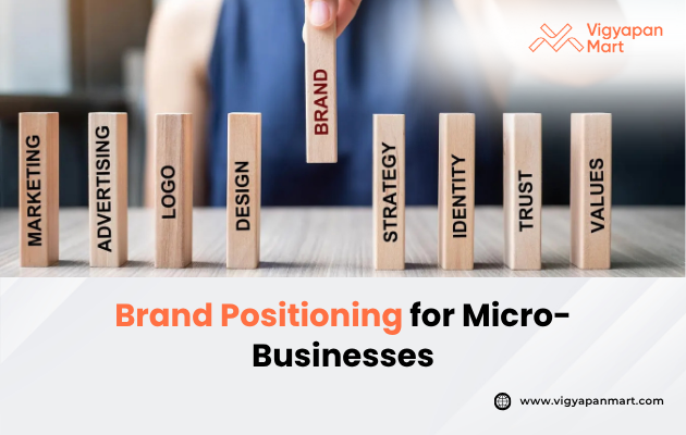 A visual representation of brand positioning strategies tailored for micro-businesses. The image features a diagram illustrating the process of identifying a unique selling proposition, understanding the target audience, and differentiating from competitors. The text emphasizes the importance of carving out a distinct space in the consumer's mind to enhance brand recognition and loyalty.