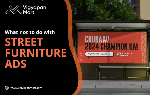 A bus stop shelter displays a large, bright orange ad promoting a sports betting app for 2024, with trees and buildings in the background. The text reads: What not to do with STREET FURNITURE ADS.