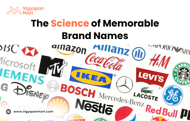 The Science of Memorable Brand Names. White background with a central brain icon and connected blocks labeled Simplicity, Phonetic Pleasure, Emotional Resonance, and Consistency & Repetition, illustrating key principles of creating memorable brand names.
