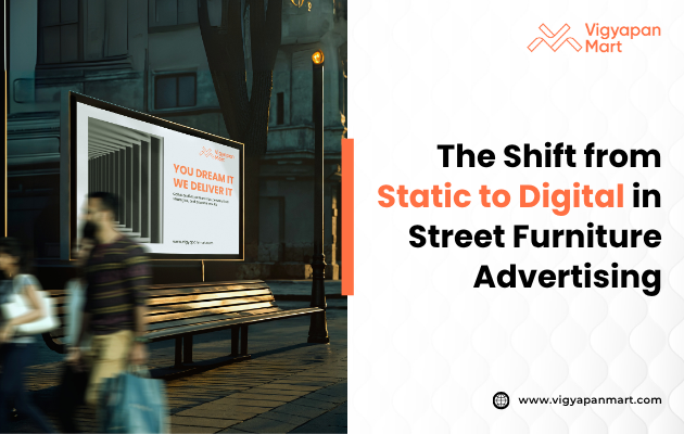 The Shift from Static to Digital in Street Furniture Advertising. White background showing a bus shelter with a static poster on one side and a vibrant digital screen on the other, illustrating the transition to digital advertising.