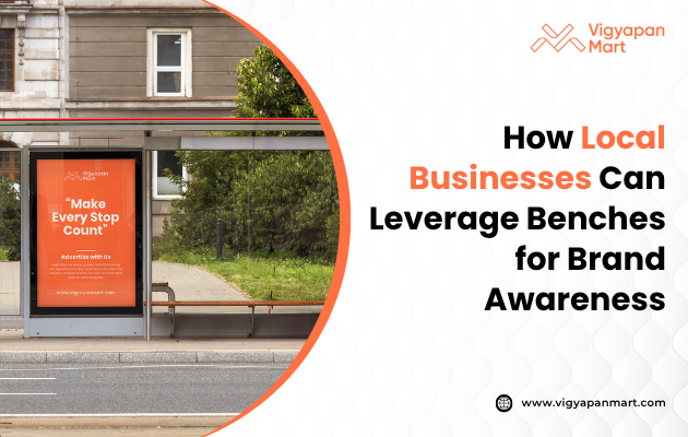 Image titled 'How Local Businesses Can Leverage Benches for Brand Awareness' showcasing a creatively branded bus bench featuring a local café's logo and a QR code, inviting passersby to scan for a discount, demonstrating effective use of street furniture for local advertising.