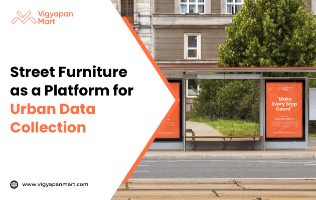 Infographic titled ‘Street Furniture as a Platform for Urban Data Collection’ illustrating smart city infrastructure such as sensor-equipped benches, digital kiosks, and interactive bus shelters collecting real-time data on foot traffic, environmental conditions, and user interactions to inform urban planning and policy decisions.