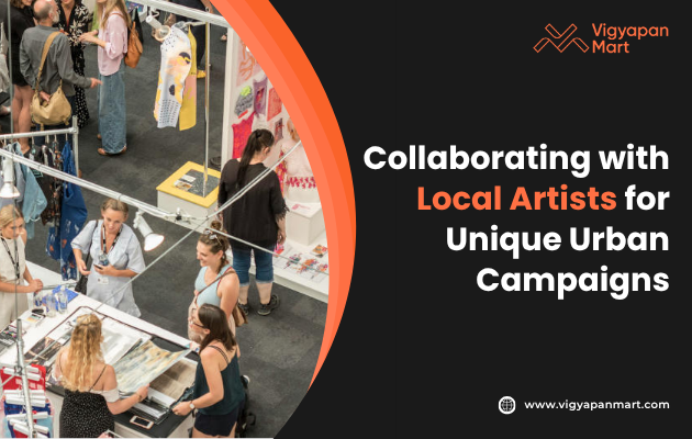 Visual titled ‘Collaborating with Local Artists for Unique Urban Campaigns’ depicting a vibrant cityscape where bus shelters, benches, and kiosks are adorned with colorful murals and interactive art installations, showcasing how brands partner with local artists to create engaging and culturally resonant advertising experiences in public spaces.