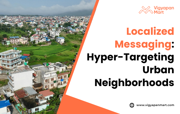 Visual titled ‘Localized Messaging: Hyper-Targeting Urban Neighborhoods’ showcasing a bus shelter advertisement tailored to a specific community, featuring neighborhood landmarks, local events, and culturally relevant imagery, illustrating how street furniture advertising can deliver personalized messages to distinct urban areas.