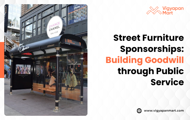 Visual titled ‘Street Furniture Sponsorships: Building Goodwill through Public Service’ depicting a bus shelter adorned with a nonprofit organization's branding, featuring a QR code for donations, volunteer sign-ups, and educational content, illustrating how businesses can sponsor street furniture to support community initiatives and enhance their corporate social responsibility.