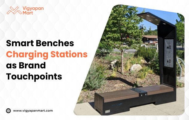 Visual titled ‘Smart Benches Charging Stations as Brand Touchpoints’ featuring a solar-powered smart bench in an urban park, equipped with USB ports, wireless charging, free Wi-Fi, and ambient LED lighting, showcasing how brands can utilize these multifunctional public installations for advertising and customer engagement.”