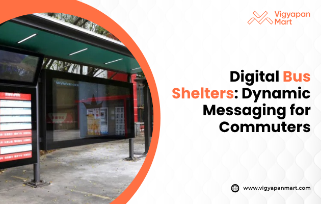 Visual titled ‘Digital Bus Shelters: Dynamic Messaging for Commuters’ showcasing a bus shelter equipped with a digital screen displaying real-time transit updates, live news feeds, and interactive advertisements, illustrating how digital bus shelters enhance commuter experience through dynamic and timely information.