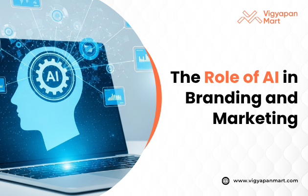 A laptop displays a graphic of a human head with AI elements, highlighting AI's impact on branding and marketing.