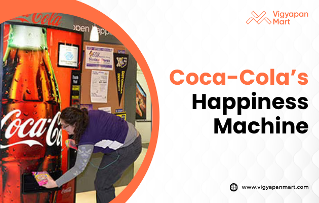 An individual is interacting with a Coca-Cola vending machine that promotes happiness, surrounded by advertisements and promotional materials.