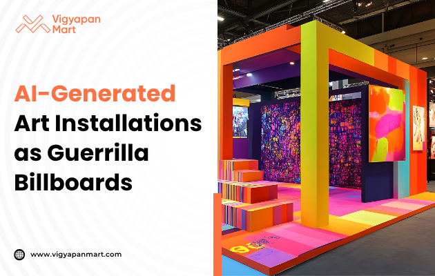 Brightly colored art installation in an indoor setting, featuring vivid geometric patterns and panels. Text reads, "AI-Generated Art Installations as Guerrilla Billboards."