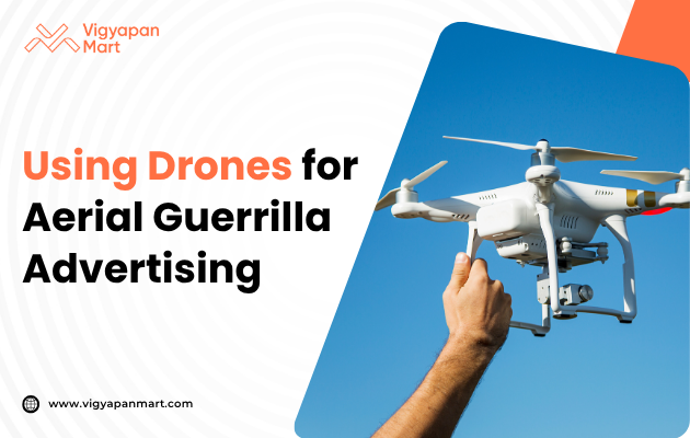 A hand holds a white drone against a clear blue sky. Text on the left reads, "Using Drones for Aerial Guerrilla Advertising" with a modern tech vibe.