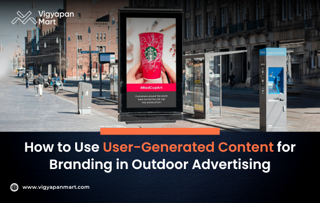Digital billboard on a city street displays a Starbucks cup with #RedCupArt, emphasizing user-generated content in outdoor advertising.