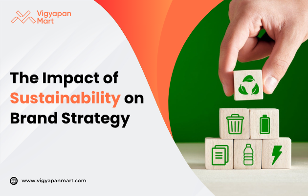 A hand stacks wooden blocks with green sustainability icons, including recycling and energy symbols. Text reads, "The Impact of Sustainability on Brand Strategy."