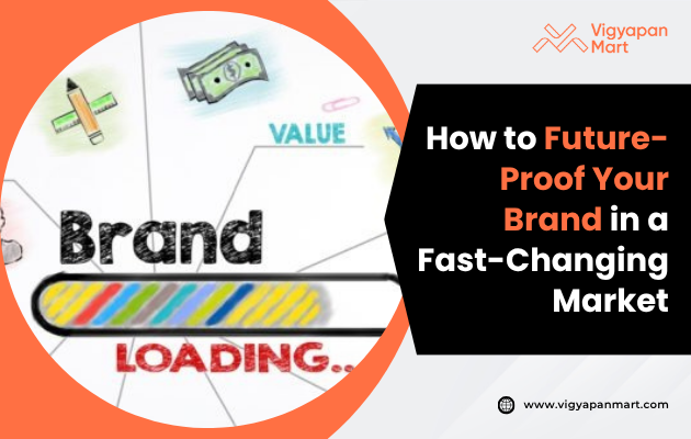 Colorful illustration with 'Brand Loading' and progress bar, surrounded by icons like money and a pencil. Text reads: 'How to Future-Proof Your Brand in a Fast-Changing Market'.
