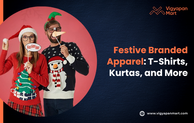 Smiling couple in festive sweaters and Santa hats, holding playful photo props. Text reads "Festive Branded Apparel: T-Shirts, Kurtas, and More."