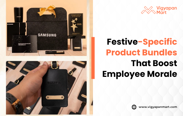 A display of festive corporate gifts from Vigyapan Mart, featuring customized Samsung-branded items with a plaque, pens, and a journal. The image emphasizes the theme of boosting employee morale through product bundles, with a logo and website info on the side.