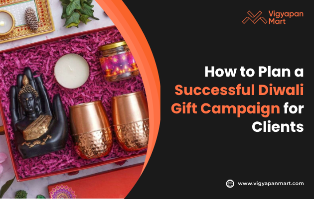 Gift box with a Buddha statue, candle, and copper glasses on pink filling; festive and elegant. Text: "How to Plan a Successful Diwali Gift Campaign for Clients."