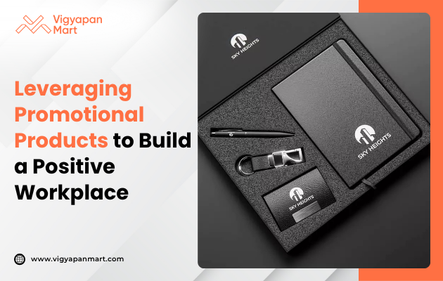 A promotional gift set featuring a notebook, pen, USB stick, and keychain with "Sky Heights" logo, promoting positivity in the workplace.