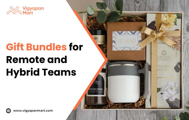 A gift bundle for remote teams, featuring a candle, coffee, a mug, snacks, and a floral box with a gold ribbon, exuding a cozy and inviting feel.