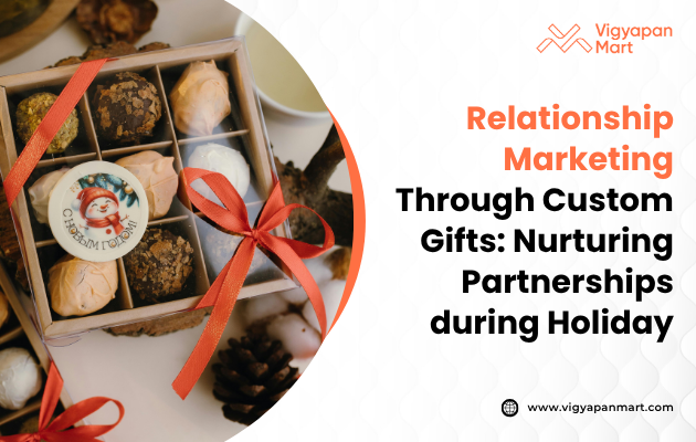A festive gift box with assorted chocolates, red ribbon, and a Santa-themed treat beside text: "Relationship Marketing Through Custom Gifts.