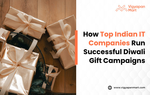 Stack of elegantly wrapped Diwali gifts with ribbon bows on a wooden floor. Text reads, 'How Top Indian IT Companies Run Successful Diwali Gift Campaigns.' The mood is festive and professional.