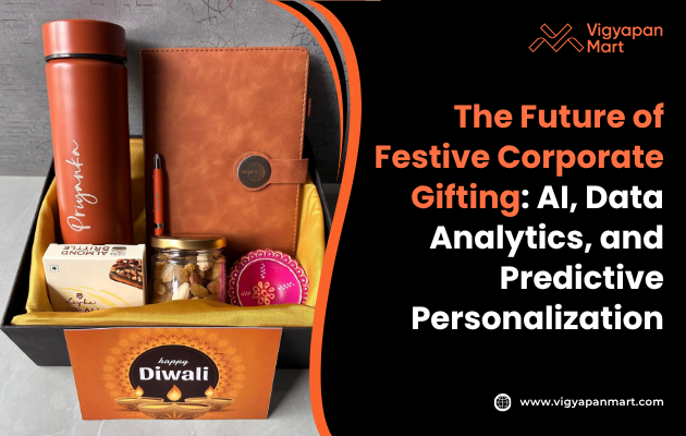 A festive gift box with a red thermos, leather notebook, pen, nuts, sweets, and "Happy Diwali" print. Text highlights The Future of Festive Corporate Gifting: AI, Data Analytics, and Predictive Personalization