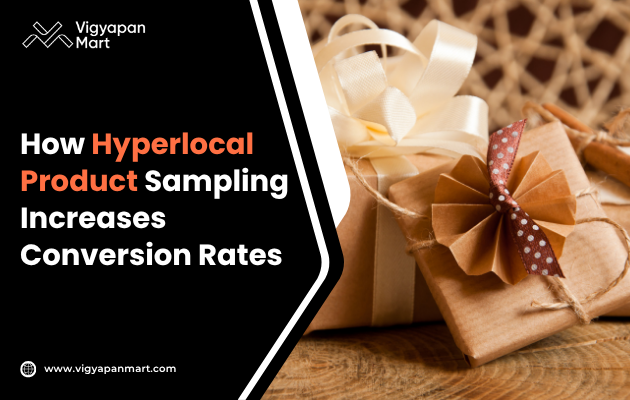 Gift boxes wrapped in brown paper with elegant bows are on a wicker surface. Text reads, "How Hyperlocal Product Sampling Increases Conversion Rates." Neutral and professional tone.