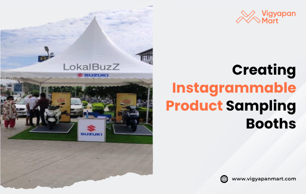 A white outdoor tent labeled "LokalBuzZ" with two Suzuki scooters displayed on platforms. Text beside the image reads "Creating Instagrammable Product Sampling Booths."