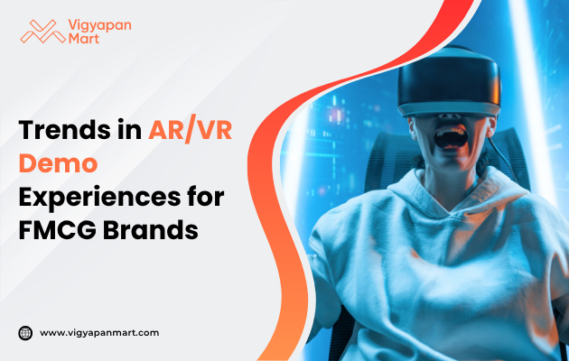 Person in VR headset and hoodie excitedly interacts with a virtual environment. Text reads "Trends in AR/VR Demo Experiences for FMCG Brands." Vibrant and futuristic tone.