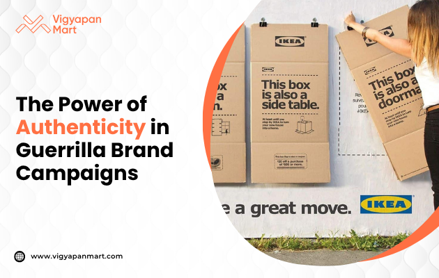 A woman interacts with IKEA boxes in a creative ad campaign, highlighting versatility. Text reads 'The Power of Authenticity in Guerrilla Brand Campaigns' by Vigyapan Mart.
