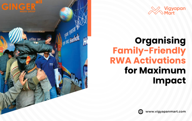 A child in a striped hat is tossed up to shoot a basketball, surrounded by adults. The text reads, “Organising Family-Friendly RWA Activations for Maximum Impact.” Bright and lively scene.