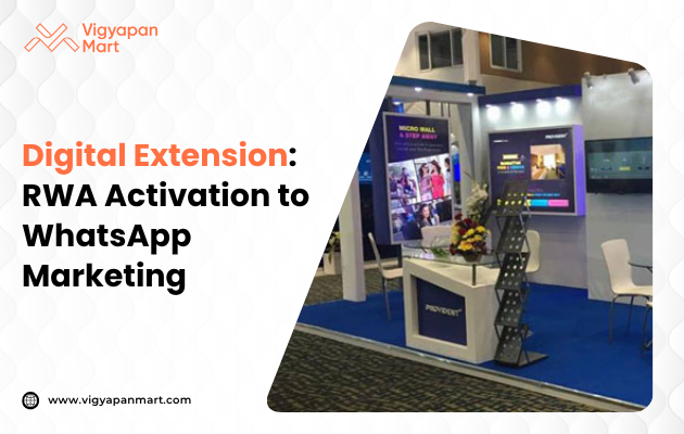 Modern exhibition booth with a digital marketing theme. Includes a display screen, promotional materials, seating, and vibrant lighting, evoking a tech-savvy atmosphere.