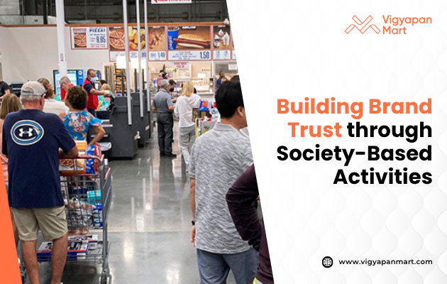 A bustling store checkout area with customers lining up, shopping carts full. Text overlay: "Building Brand Trust through Society-Based Activities."
