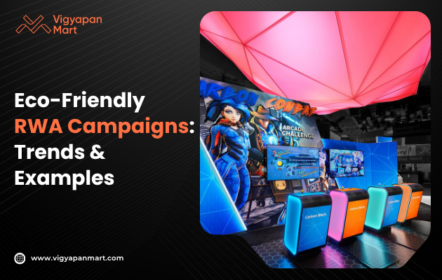 Colorful arcade gaming setup with bright neon lights and large screens under a pink-lit canopy. Text reads 'Eco-Friendly RWA Campaigns: Trends & Examples.'