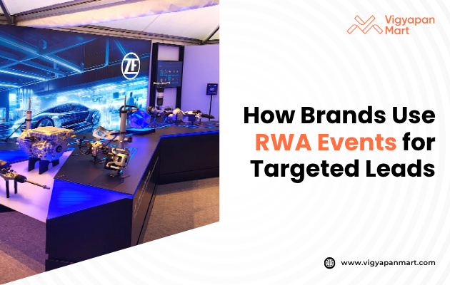 A sleek exhibition booth showcases automotive parts against a vibrant digital backdrop with blue lighting. Text reads, "How Brands Use RWA Events for Targeted Leads." The tone is modern and informative. Logo for Vigyapan Mart is in the top right corner.