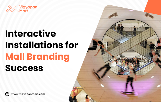 Mall interior with a vibrant, mirrored installation featuring moving people. Text overlay reads, 'Interactive Installations for Mall Branding Success'