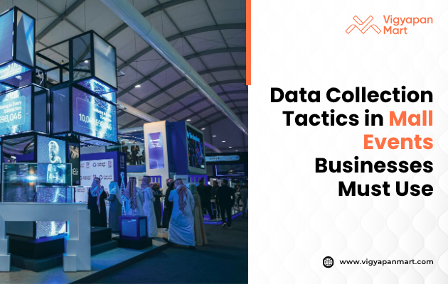 Large indoor event with people in traditional attire around digital screens. Text on right: "Data Collection Tactics in Mall Events Businesses Must Use.