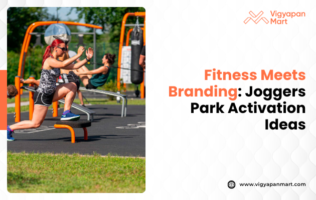 Woman exercising in a park using outdoor gym equipment. Others in background, vibrant setting suggesting an active, health-focused environment. Text: "Fitness Meets Branding: Joggers Park Activation Ideas."