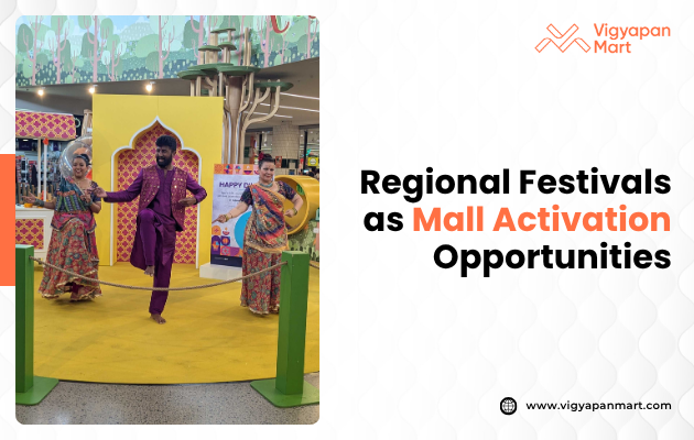 A colorful performance with three dancers in traditional attire on a yellow stage in a mall. Text reads, "Regional Festivals as Mall Activation Opportunities."