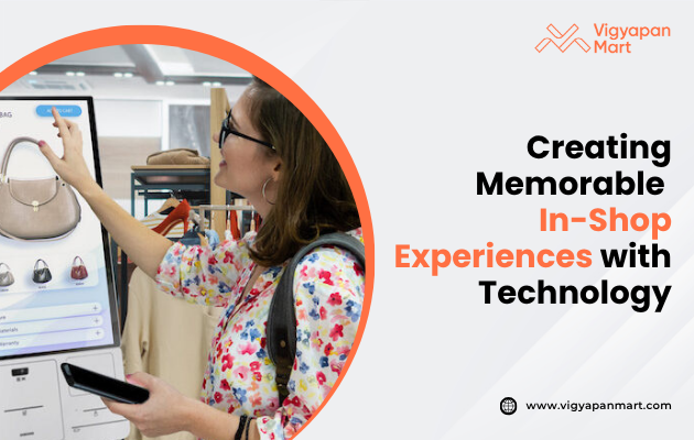 Woman interacts with a digital screen displaying handbags in a store, conveying modern in-shop experiences. Text reads "Creating Memorable In-Shop Experiences with Technology."