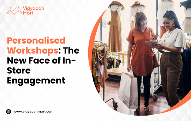 Two women in a clothing store engage in discussion, one holding a tablet. The scene exudes a collaborative, modern retail atmosphere. Text reads: "Personalised Workshops: The New Face of In-Store Engagement."