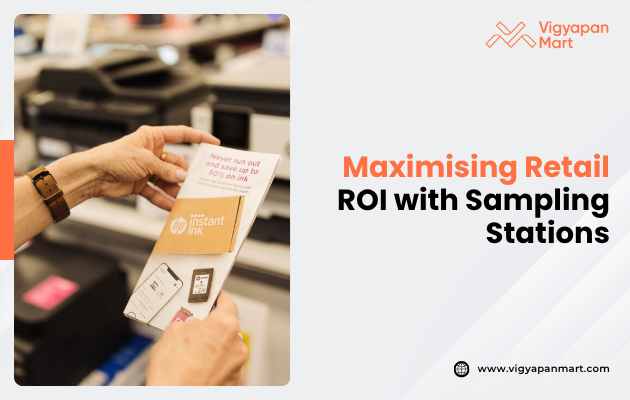 A person holds an "Instant Ink" brochure in a store, highlighting ink savings. The image promotes maximizing retail ROI with sampling stations.