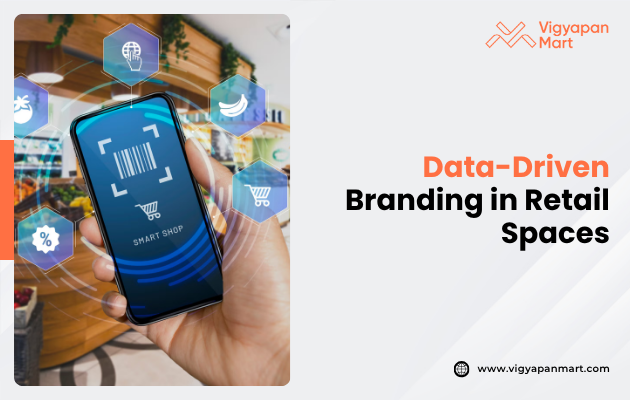 A hand holds a smartphone displaying a barcode labeled "Smart Shop." Icons of a cart, percentage, and banana hover above. Text: "Data-Driven Branding in Retail Spaces."