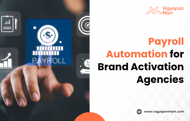 A hand interacts with digital icons on a dark background, focusing on a "Payroll" icon. Text reads "Payroll Automation for Brand Activation Agencies."