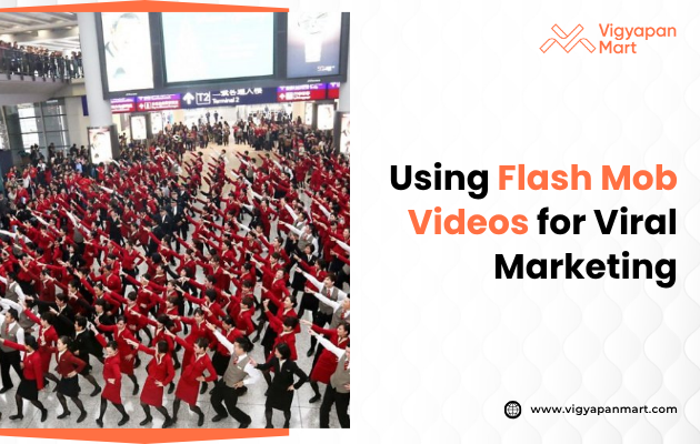 A large flash mob in red outfits performs a synchronized dance in a crowded indoor venue. Text reads "Using Flash Mob Videos for Viral Marketing." The scene is lively and energetic.