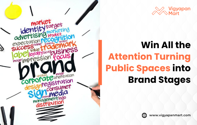 Colorful word cloud forming a lightbulb around the word "brand" with terms like identity, market, and advertising. Text: "Win All the Attention Turning Public Spaces into Brand Stages." Bright, dynamic, creative tone.