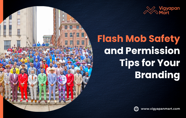 A large, diverse group of people wearing vibrant suits gather on urban steps. The text reads, "Flash Mob Safety and Permission Tips for Your Branding." The scene is lively and colorful.