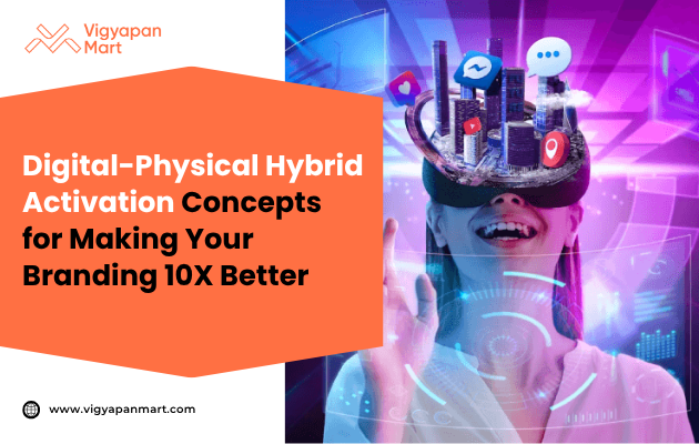 A person wearing VR goggles with 3D social media icons emerges from the headset. Excited expression. Text reads, "Digital-Physical Hybrid Activation Concepts."